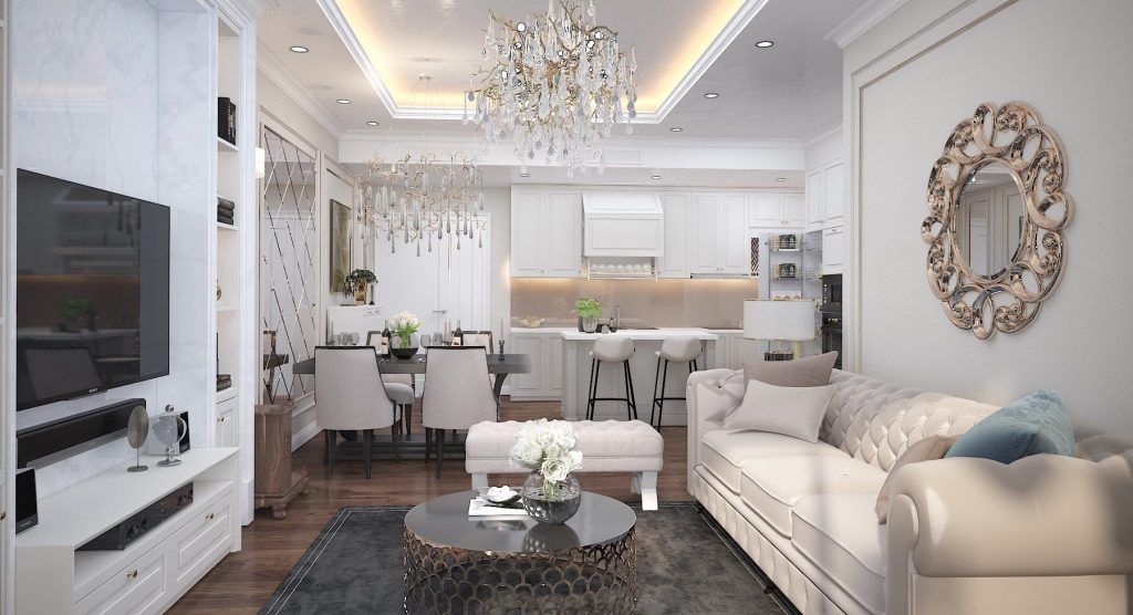 Mẫu Thiết Kế Phòng Khách Sang Trọng Với Khung Trần Inox Và Phào Chỉ PU