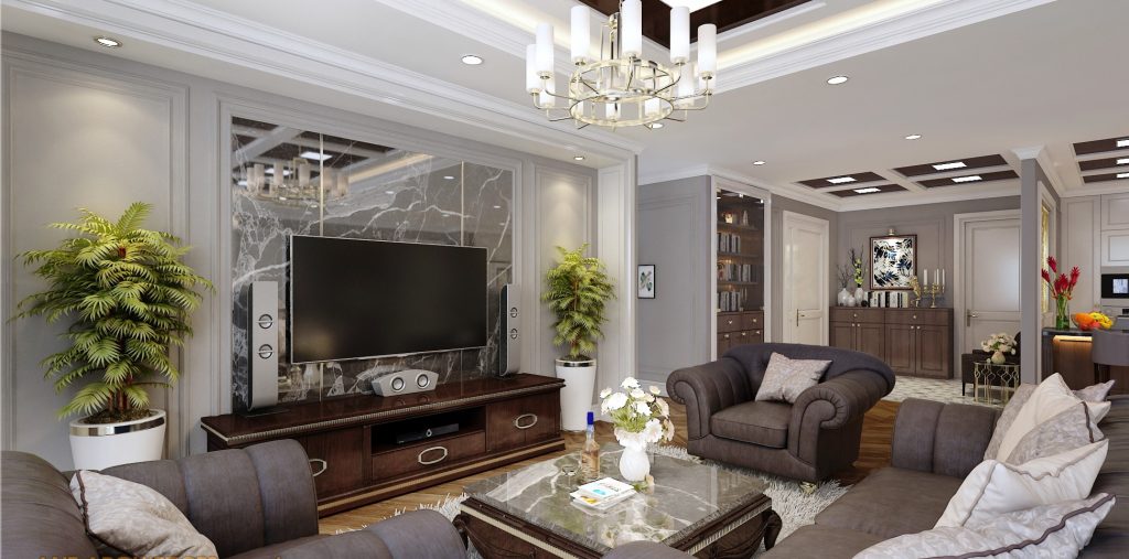 Mẫu Thiết Kế Phòng Khách Sang Trọng Với Khung Trần Inox Và Phào Chỉ PU