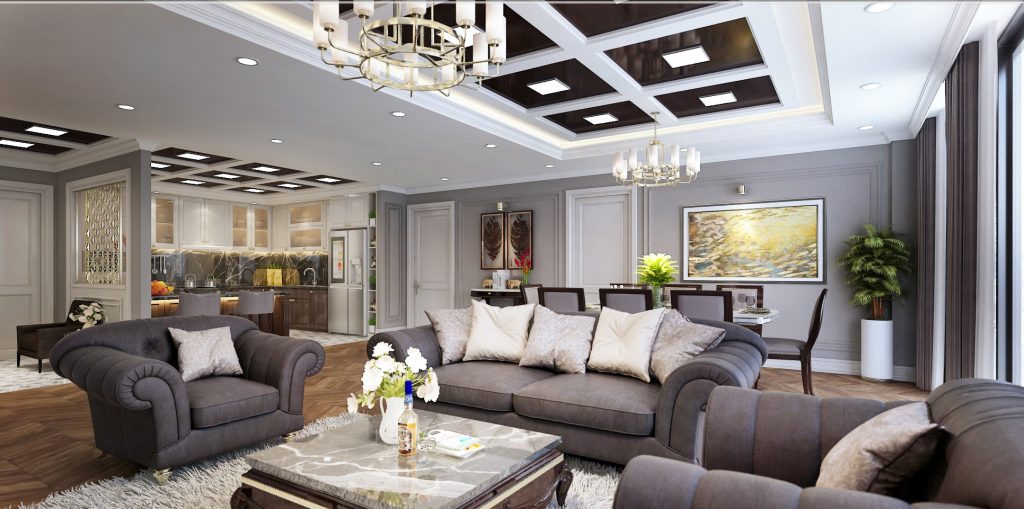 Mẫu Thiết Kế Phòng Khách Sang Trọng Với Khung Trần Inox Và Phào Chỉ PU